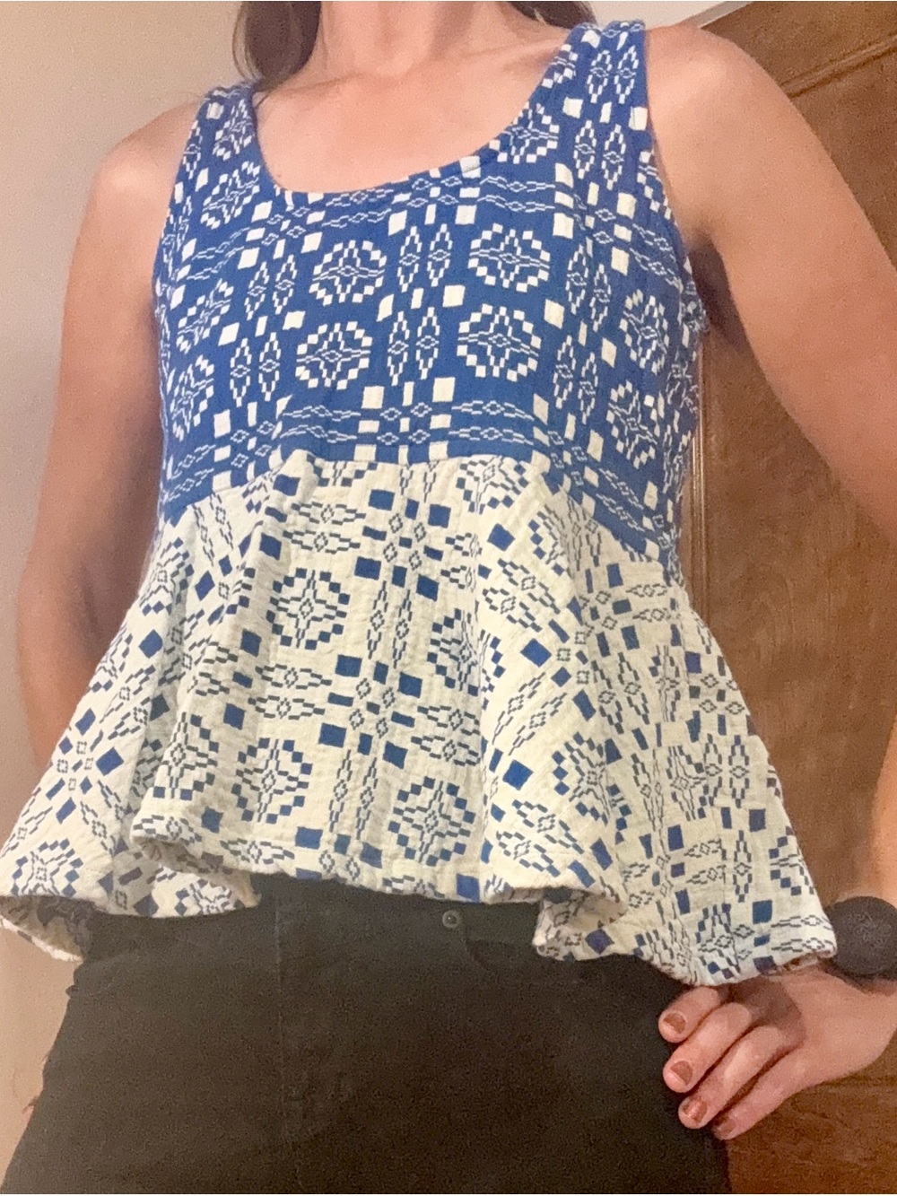 Ace & Jig Savannah REVERSIBLE neckline PeplumTank in Cardiff Blue and Cream